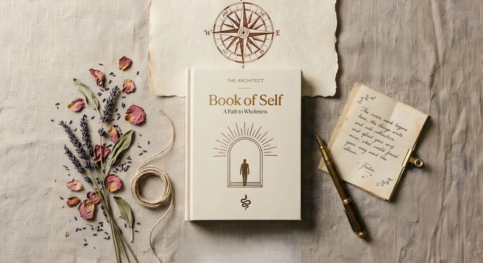 Book open to compass illustration with coffee