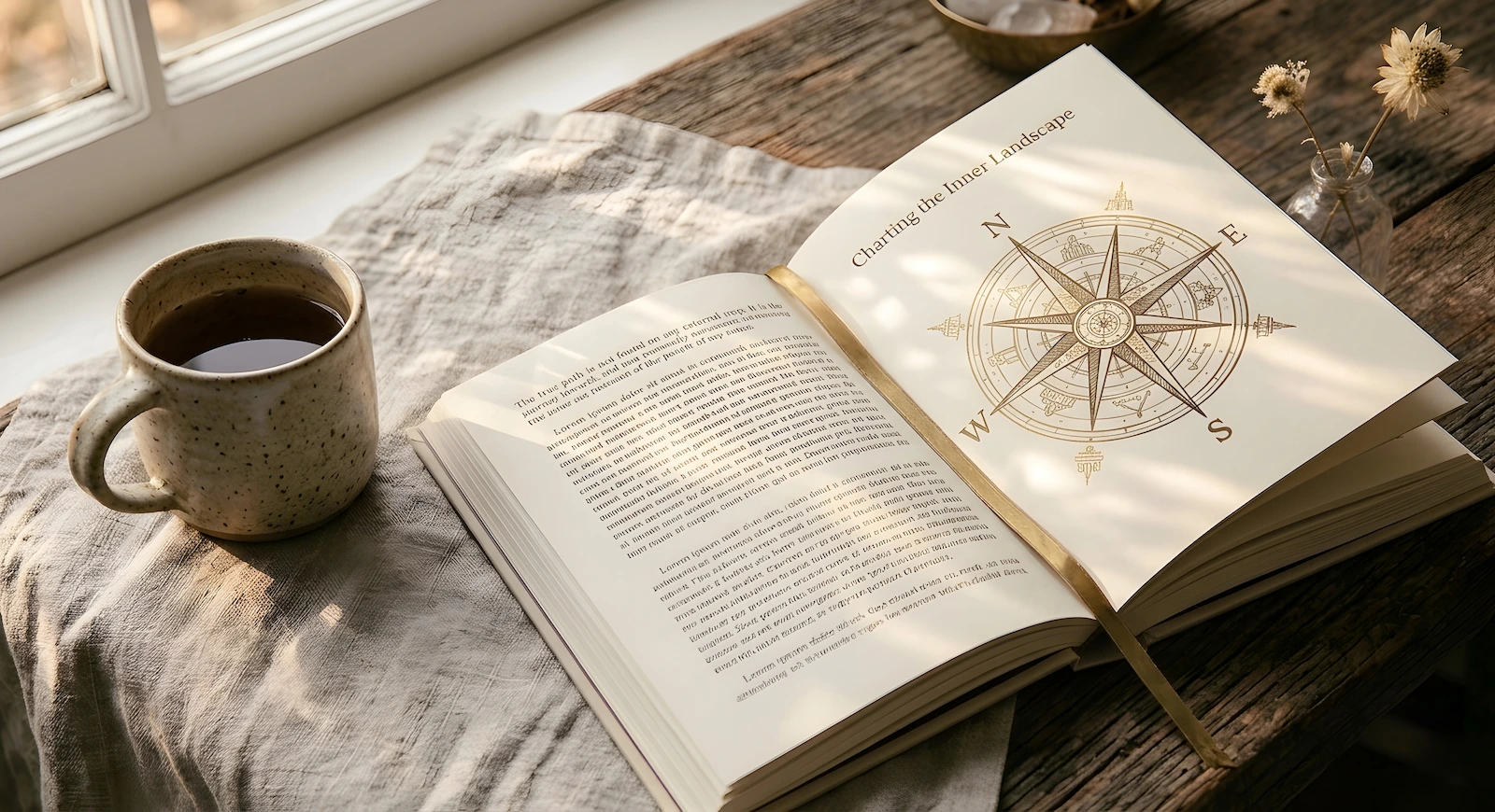 The Architect flatlay with compass rose and dried flowers
