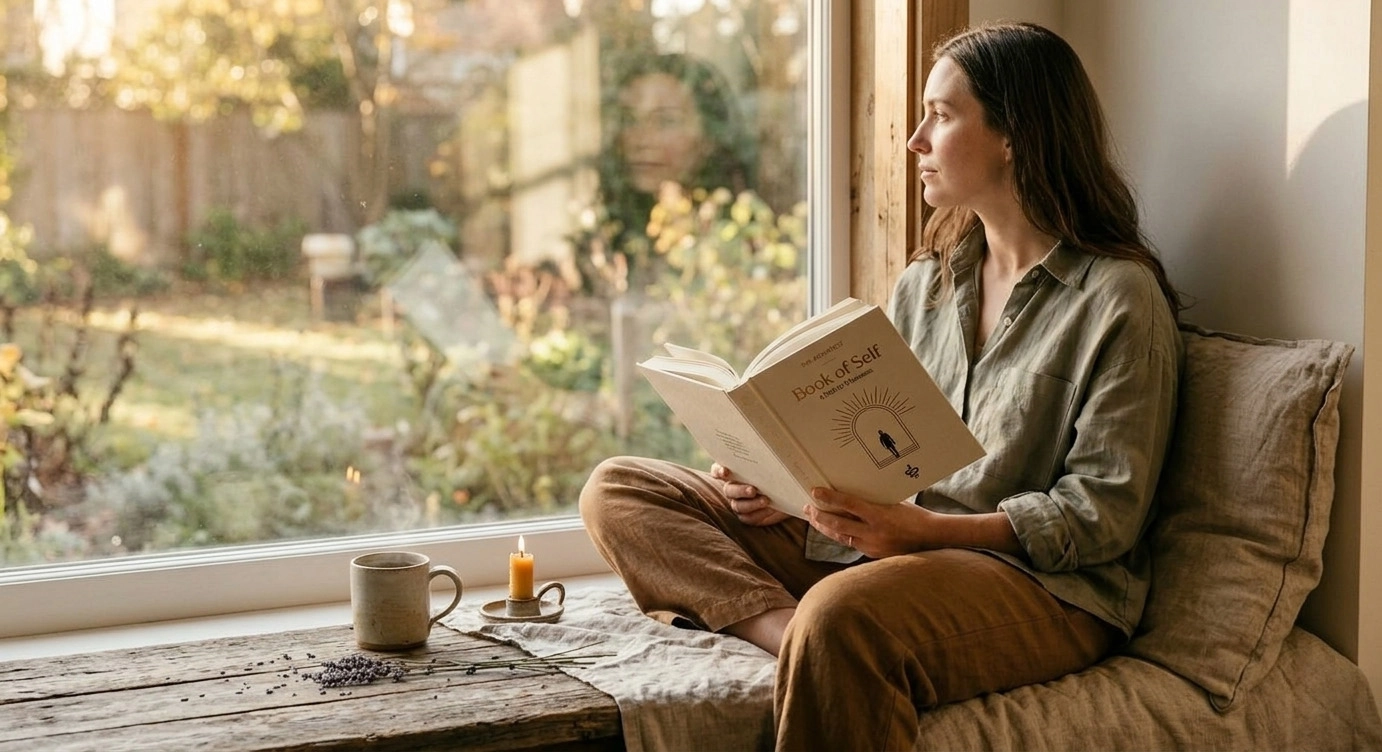 Woman reading The Architect by a window